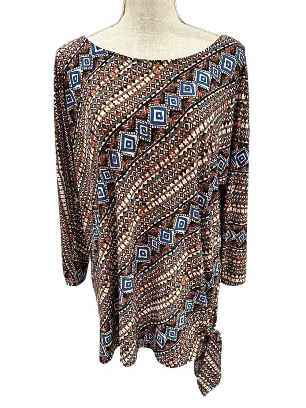Carolyn Taylor Womens Geometric Print 3/4 Sleeve Top With Side Tie XL